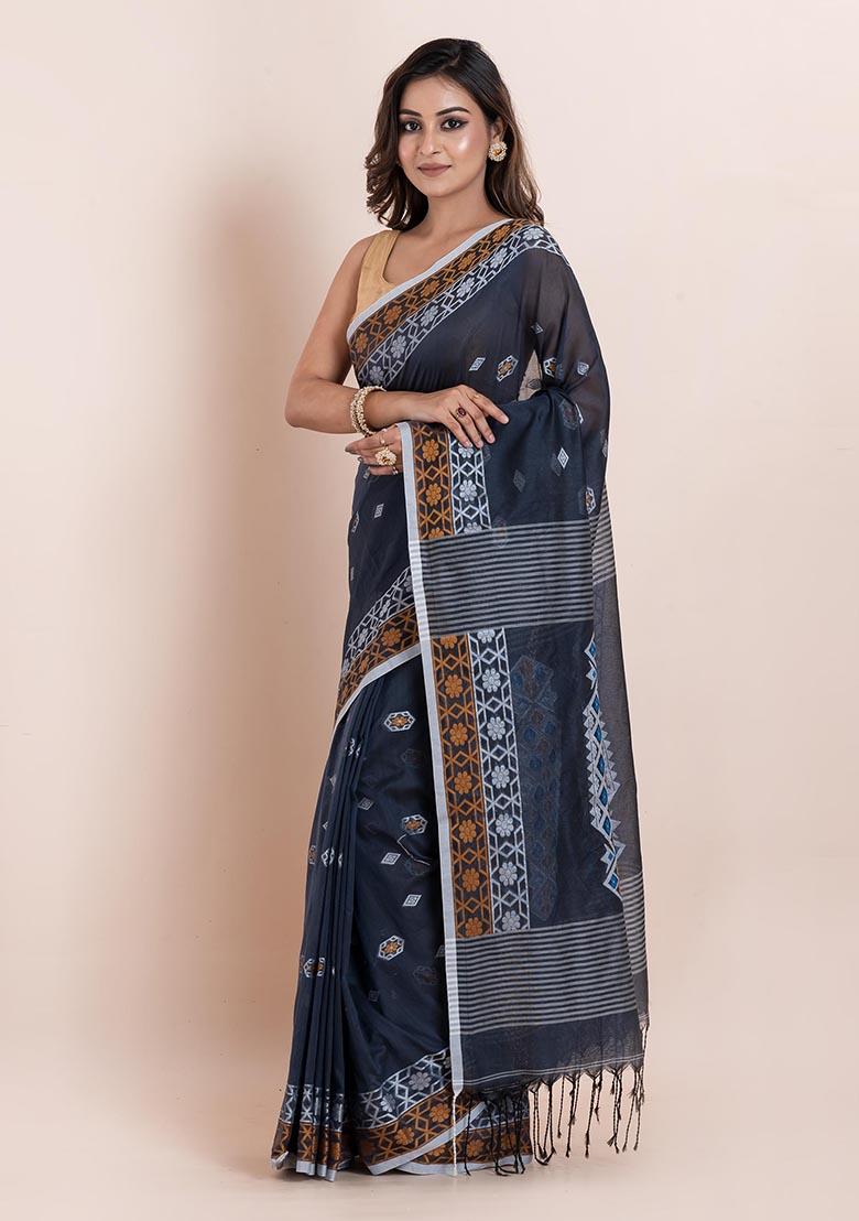 Grey Printed Cotton Saree Set