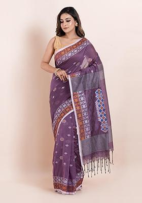 Mauve Purple Printed Cotton Saree Set