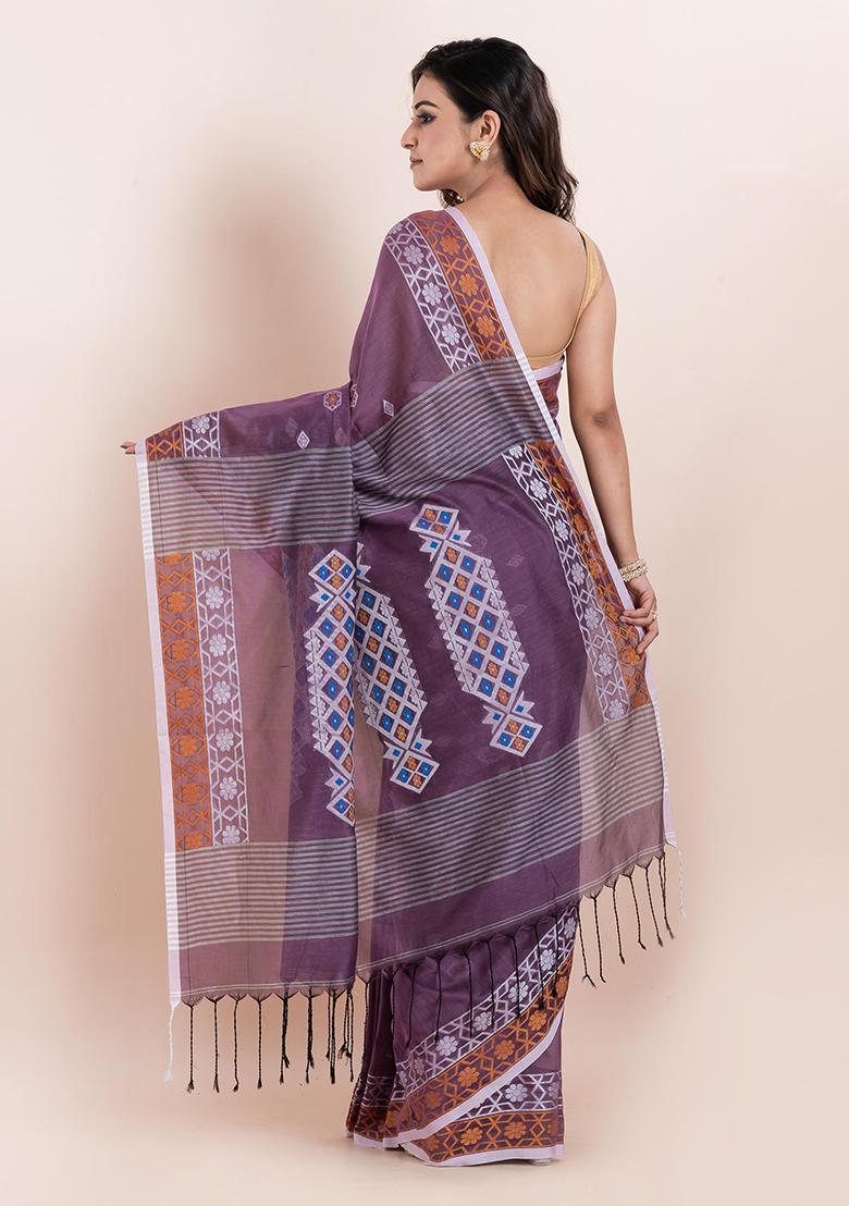 Mauve Purple Printed Cotton Saree Set