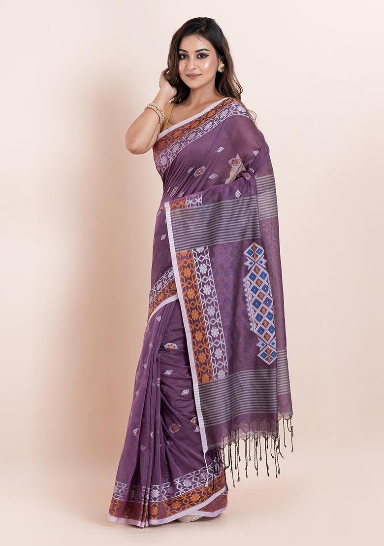 Mauve Purple Printed Cotton Saree Set