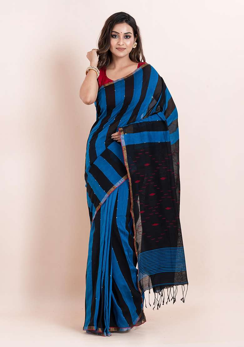 Multicolour Sequin Embroidered Cotton Saree Set - Indya