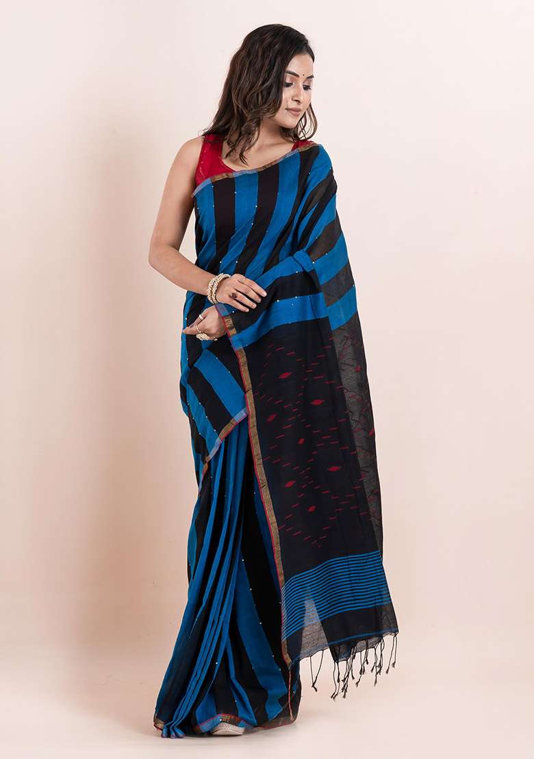 Multicolour Sequin Embroidered Cotton Saree Set - Indya