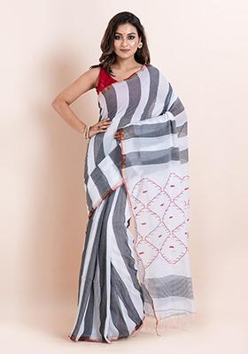 White Sequin Embroidered Cotton Saree Set