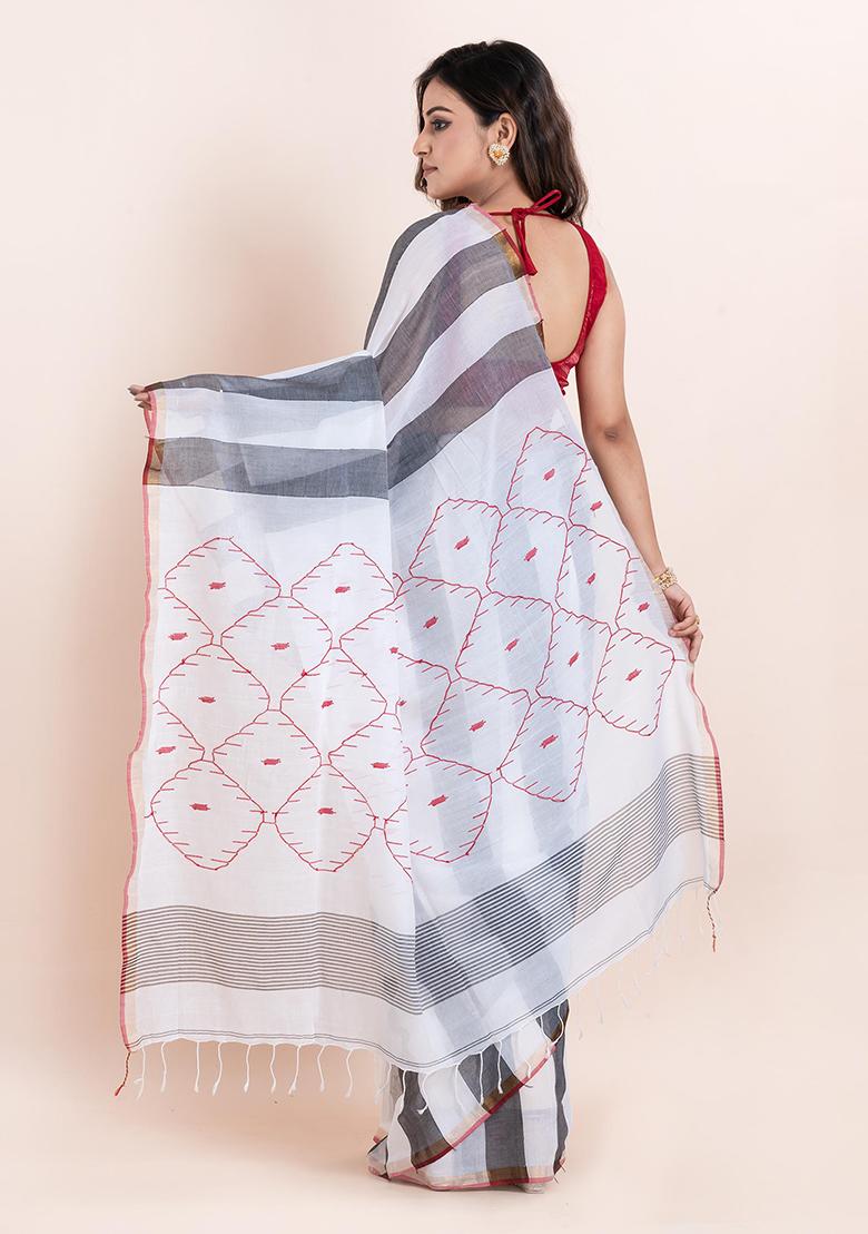 White Sequin Embroidered Cotton Saree Set