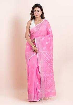 Pink Embroidered Cotton Saree Set