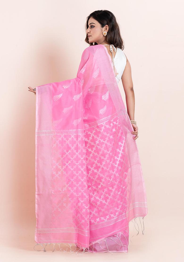 Pink Embroidered Cotton Saree Set