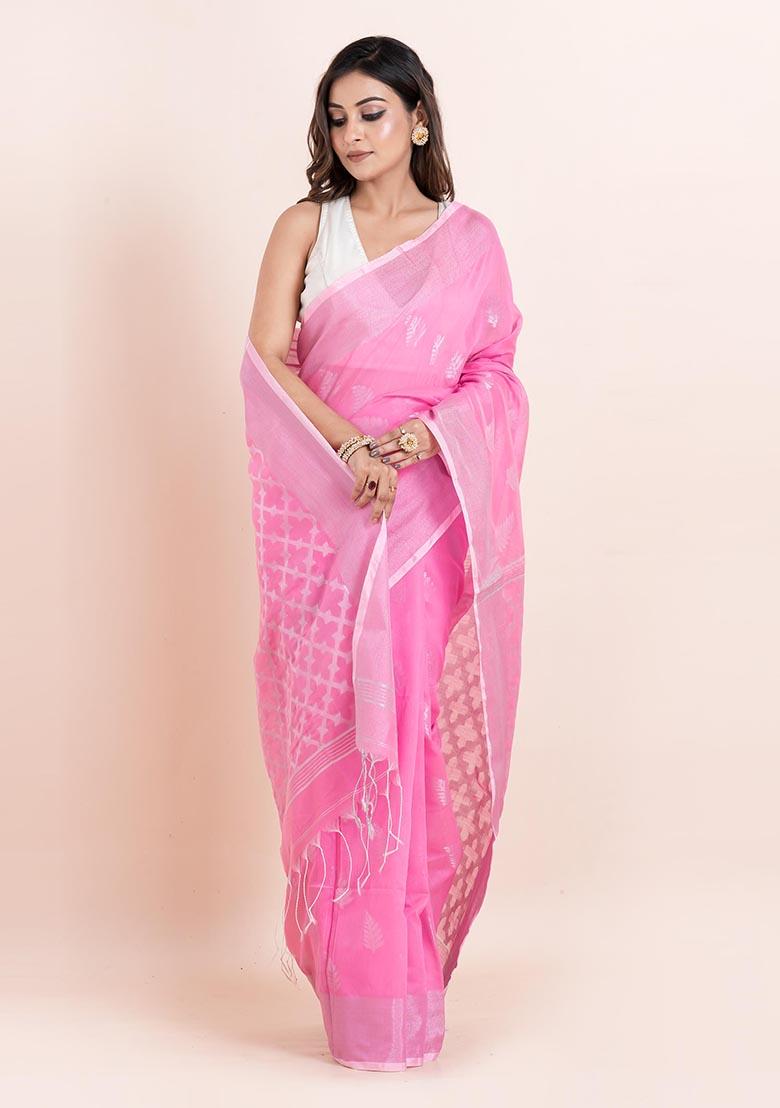 Pink Embroidered Cotton Saree Set