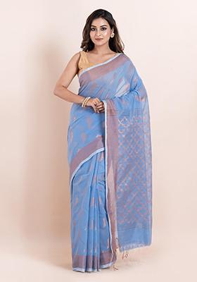 Blue Embroidered Cotton Saree Set
