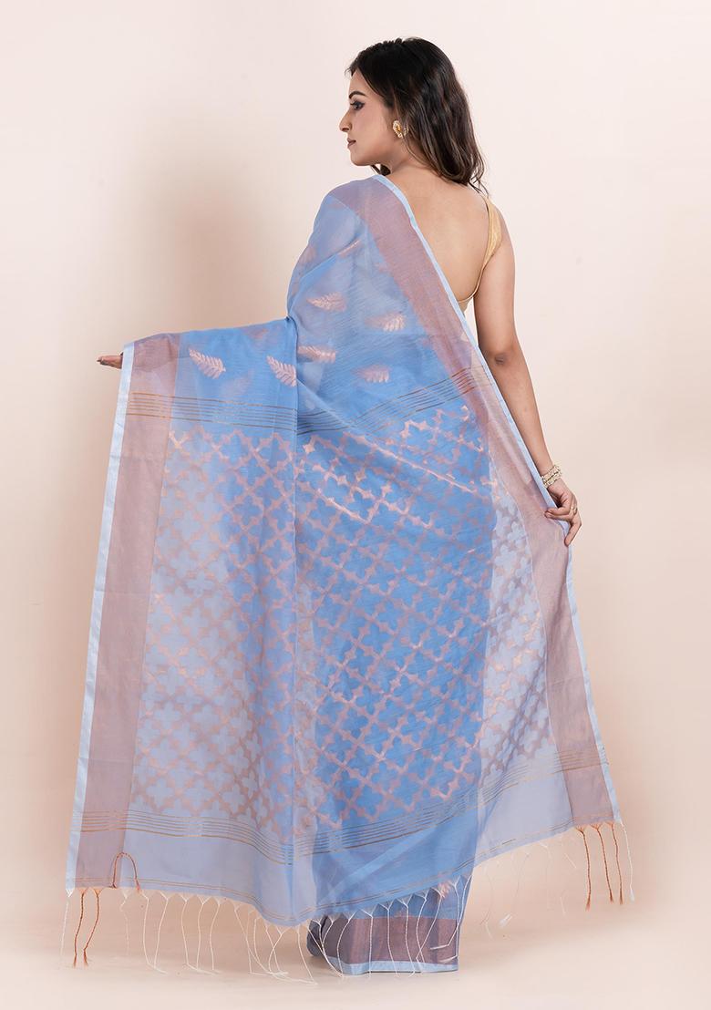 Blue Embroidered Cotton Saree Set