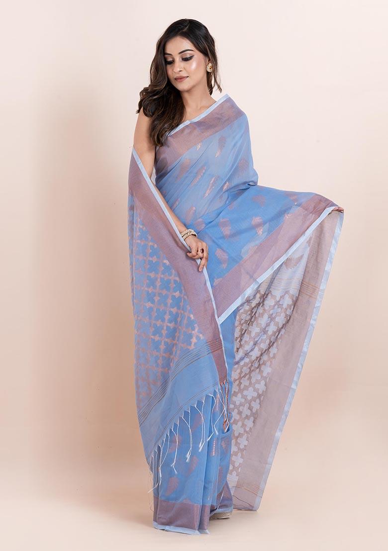 Blue Embroidered Cotton Saree Set