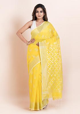 Yellow Embroidered Cotton Saree Set