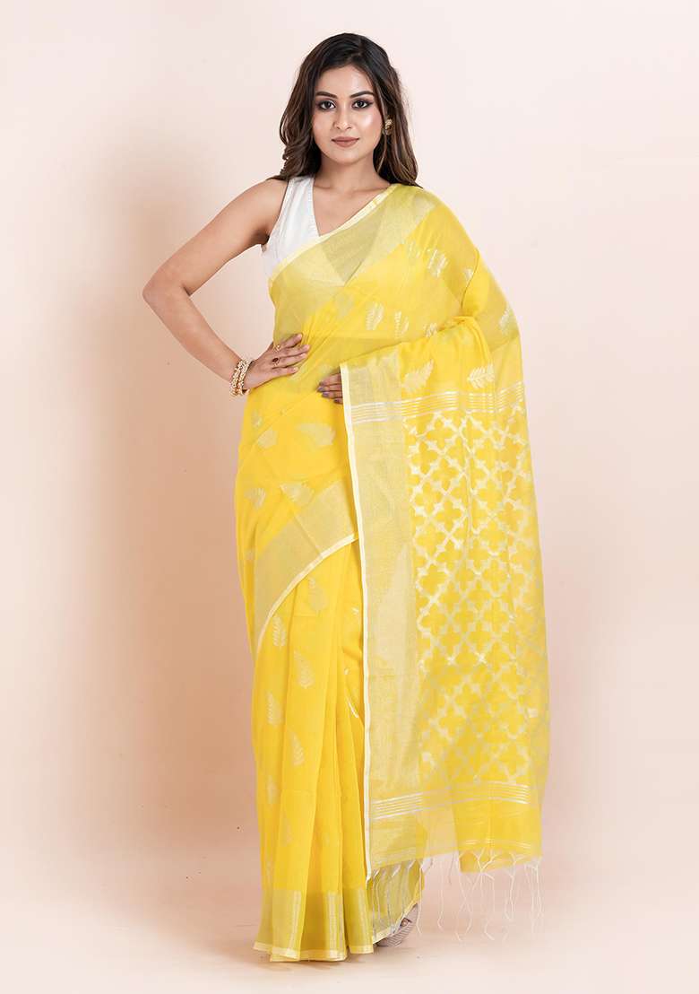 Yellow Embroidered Cotton Saree Set - Indya