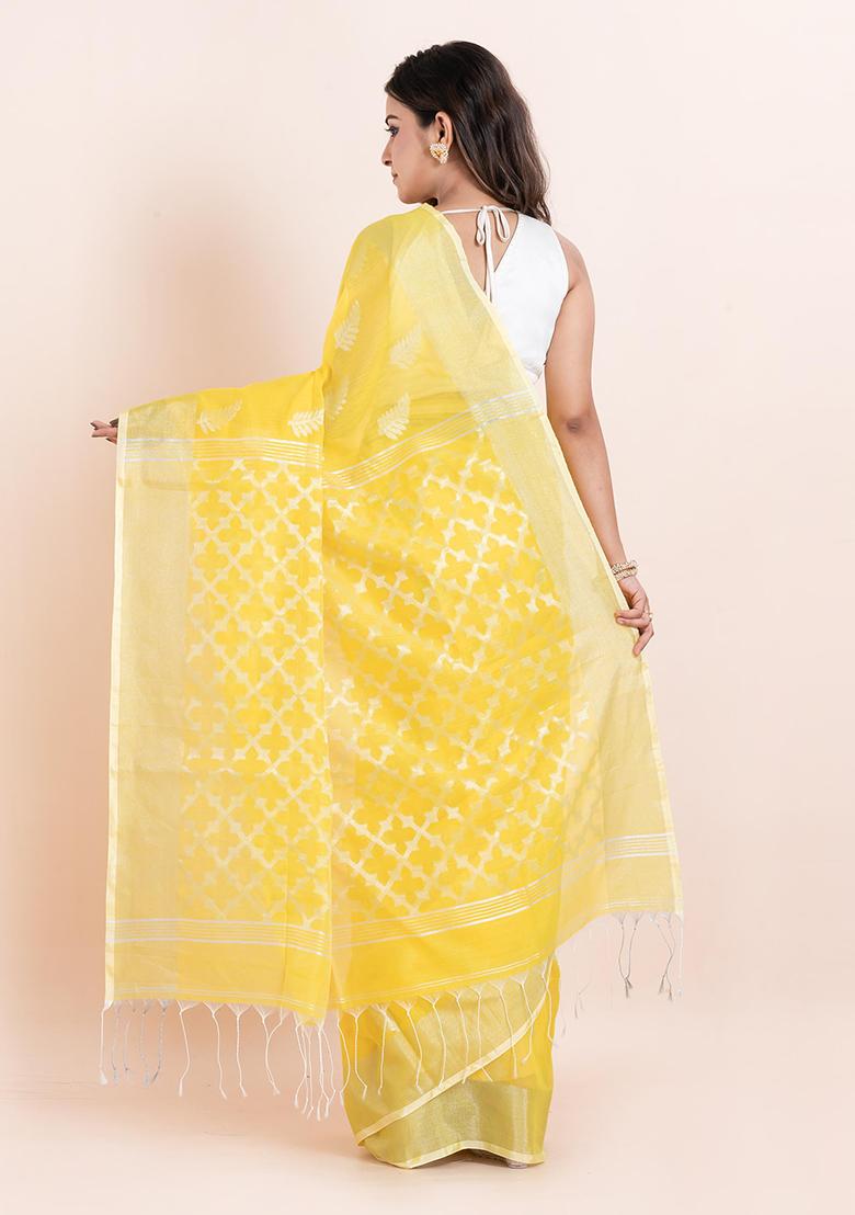 Yellow Embroidered Cotton Saree Set