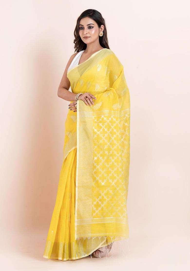 Yellow Embroidered Cotton Saree Set - Indya