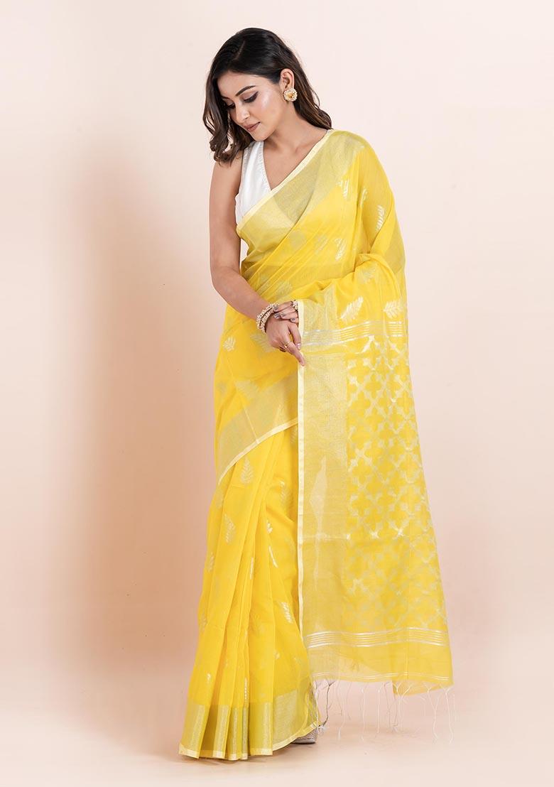 Yellow Embroidered Cotton Saree Set