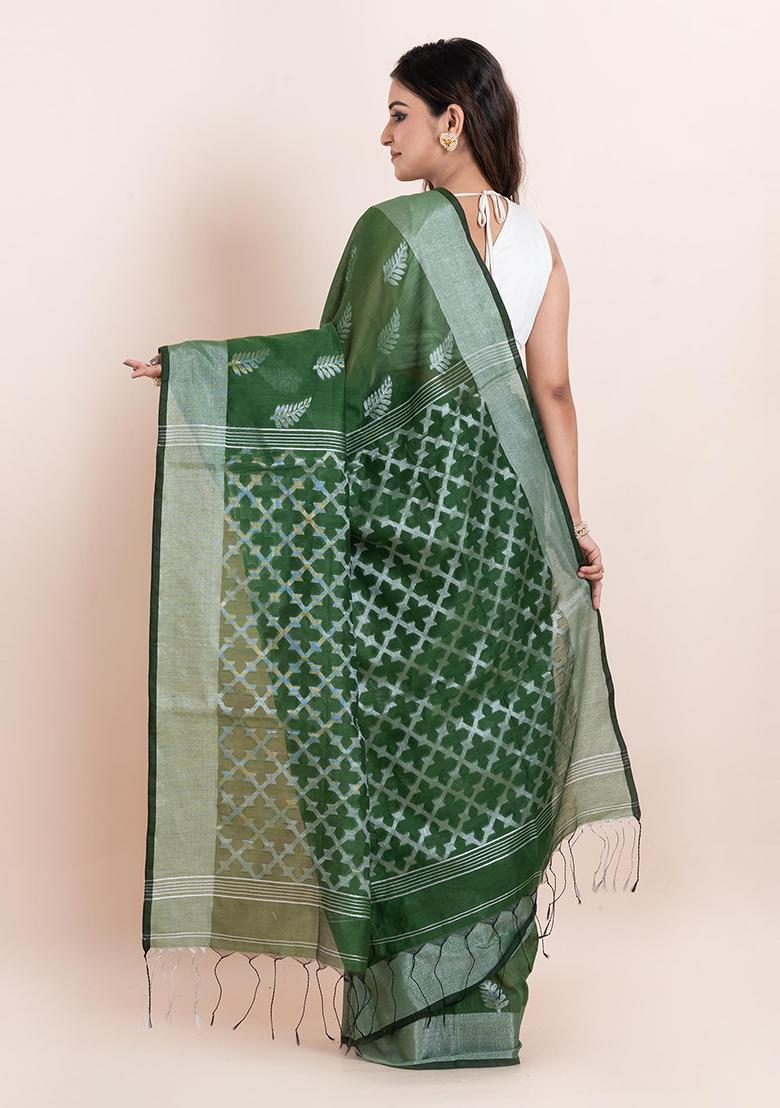 Buttle Green Embroidered Cotton Saree Set