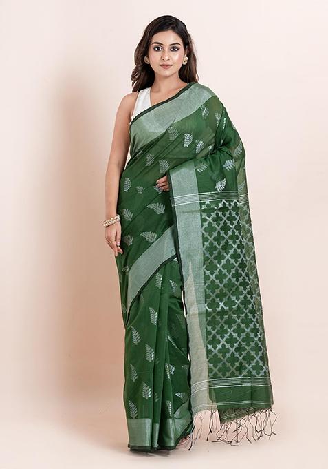 Buttle Green Embroidered Cotton Saree Set