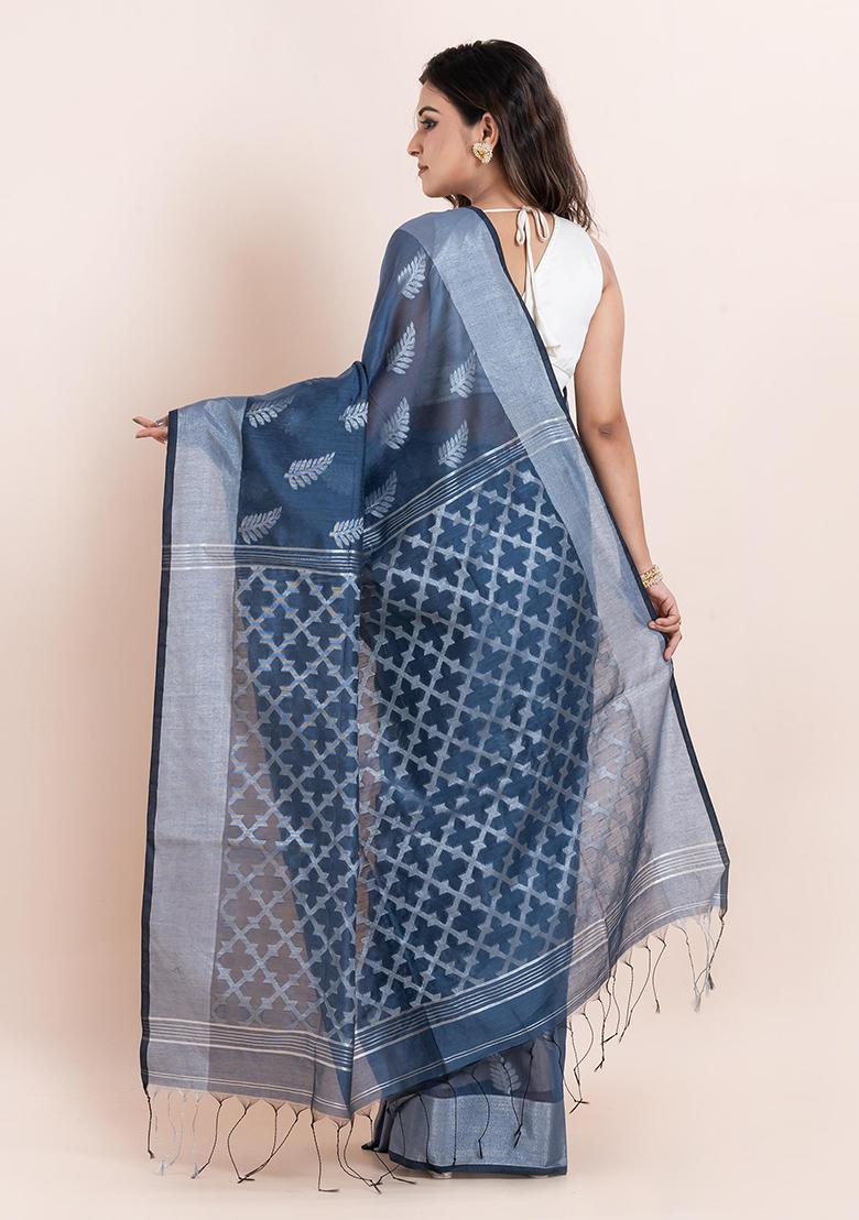 Multicolour Embroidered Cotton Saree Set