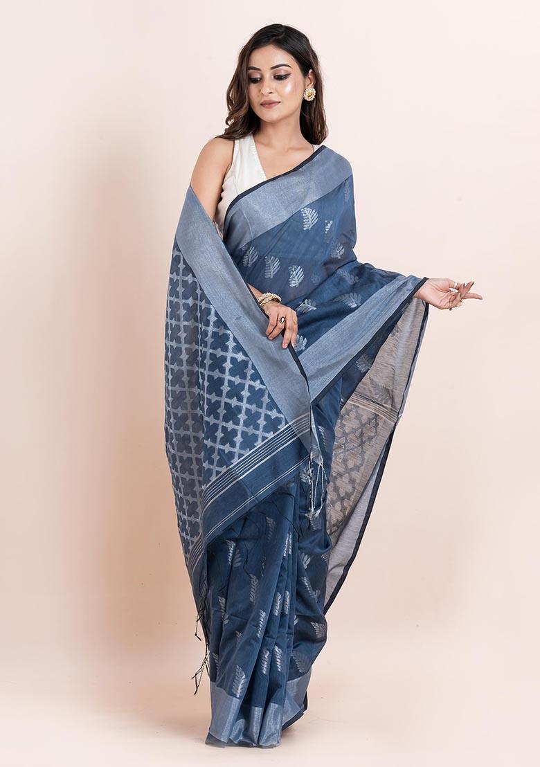 Multicolour Embroidered Cotton Saree Set