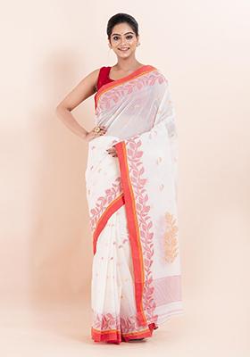 Off White Printed Cotton Saree (Without Blouse)