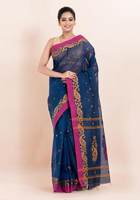 Blue Printed Cotton Saree (Without Blouse)