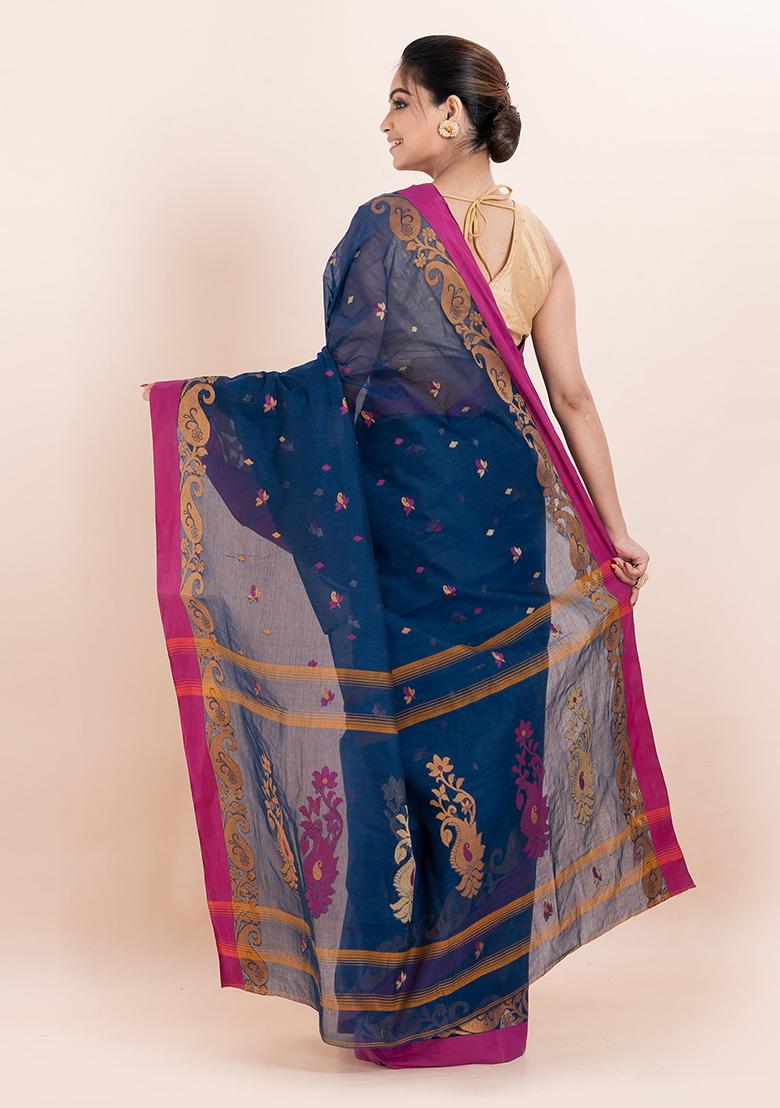Blue Printed Cotton Saree (Without Blouse)