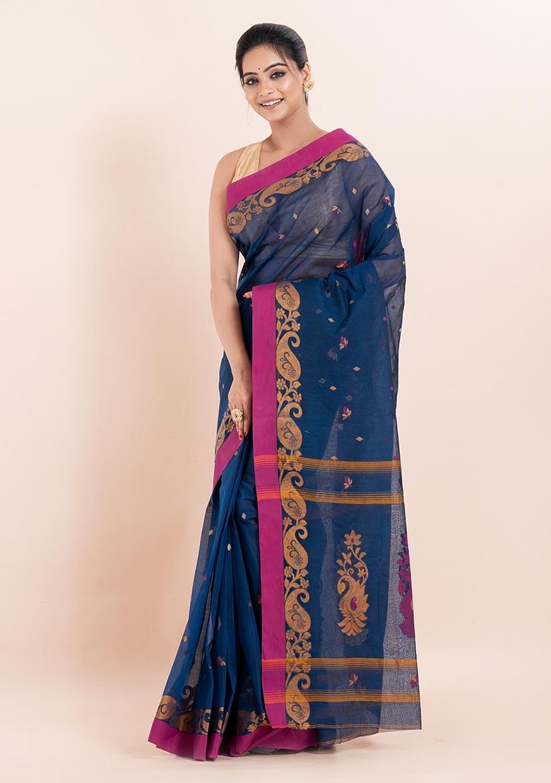 Blue Printed Cotton Saree (Without Blouse)