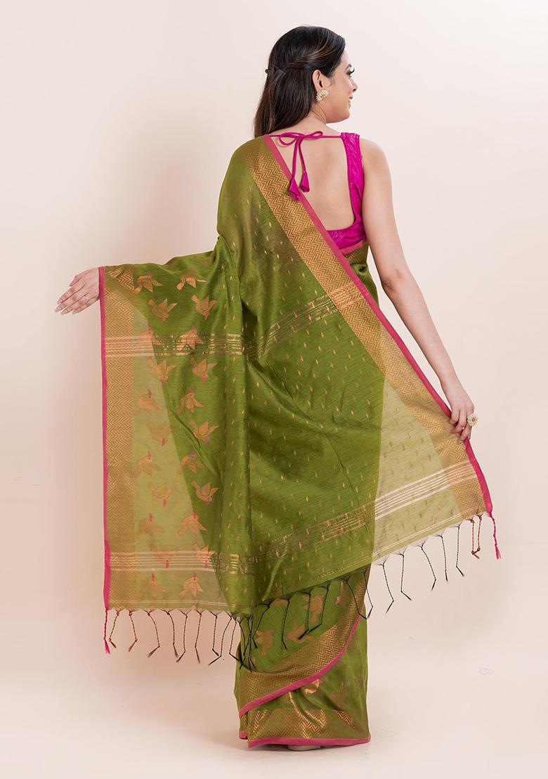 Green Embroidered Cotton Saree Set