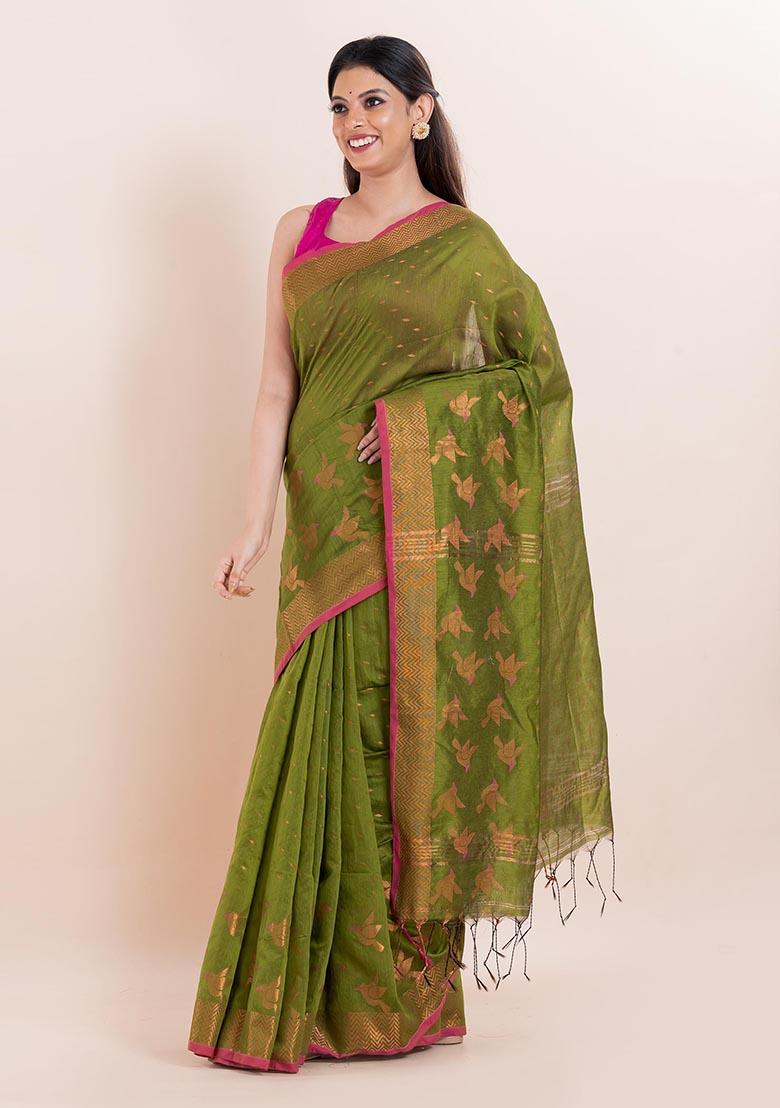 Green Embroidered Cotton Saree Set