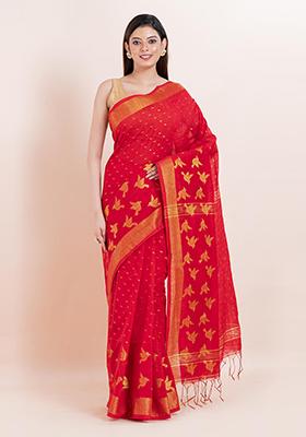 Red Embroidered Cotton Saree Set