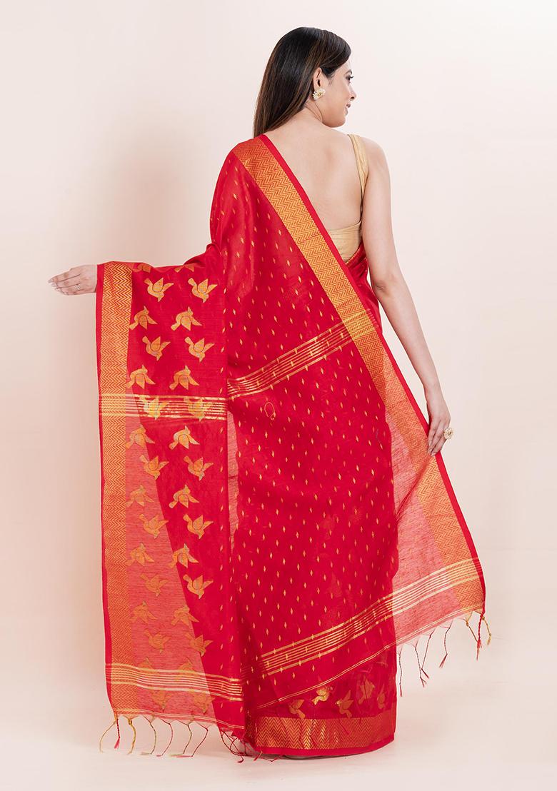 Red Embroidered Cotton Saree Set
