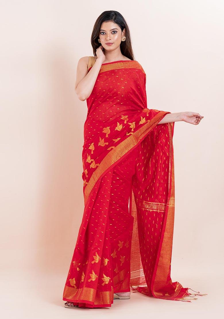 Red Embroidered Cotton Saree Set