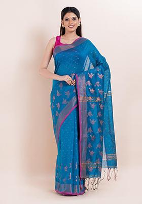 Teal Blue Embroidered Cotton Saree Set