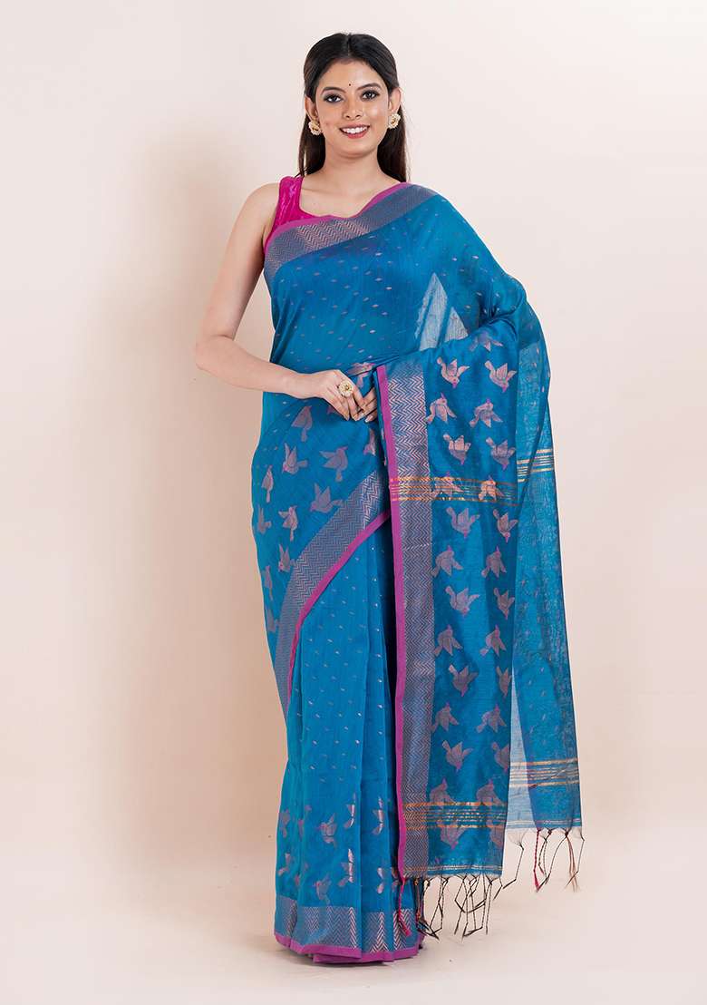 Teal Blue Embroidered Cotton Saree Set - Indya