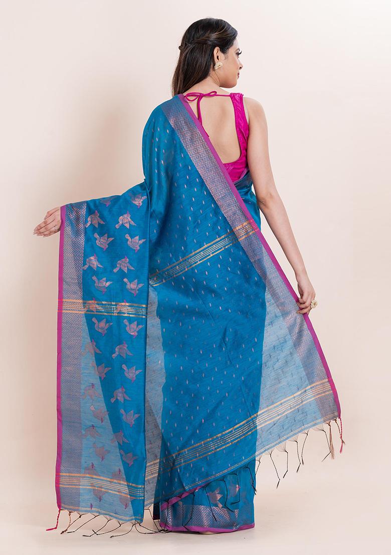 Teal Blue Embroidered Cotton Saree Set