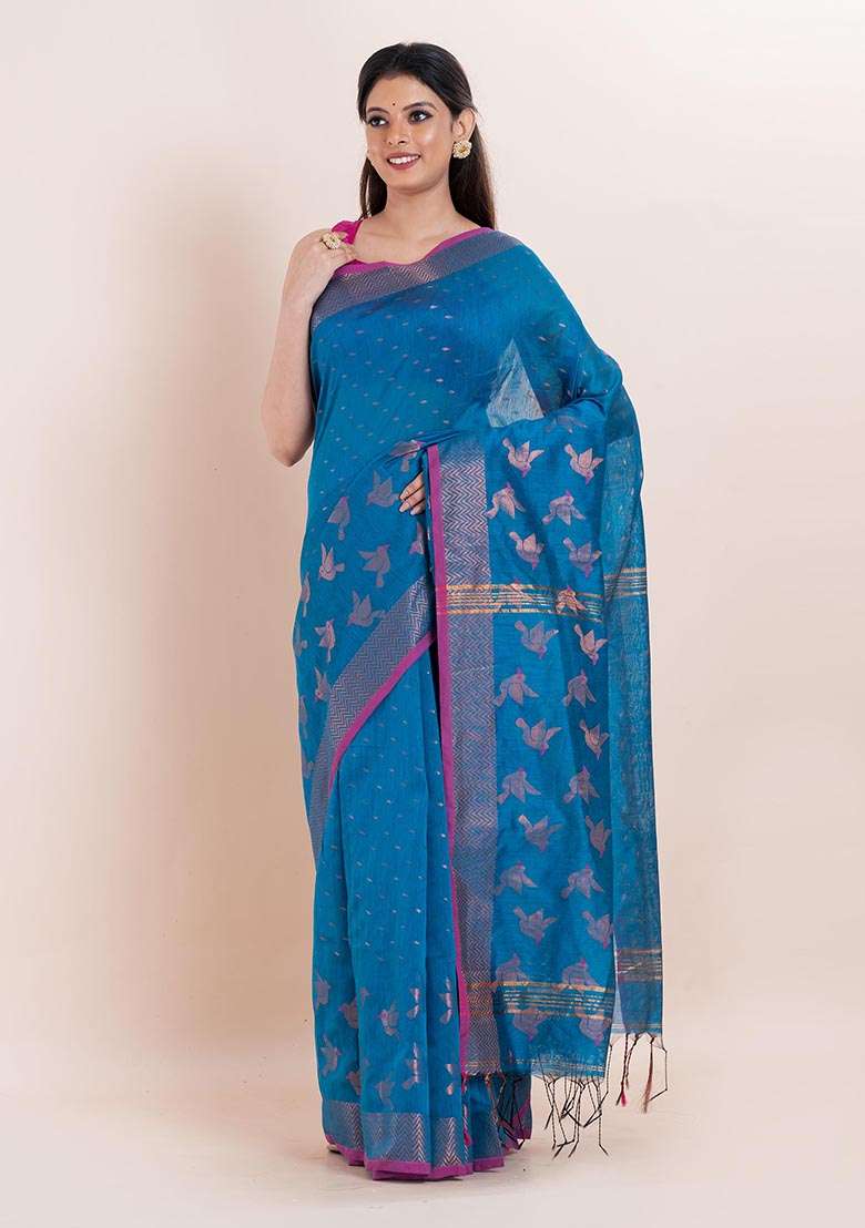 Teal Blue Embroidered Cotton Saree Set - Indya