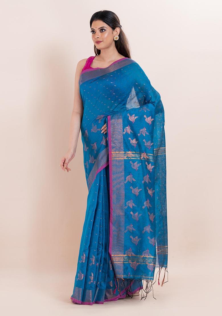 Teal Blue Embroidered Cotton Saree Set
