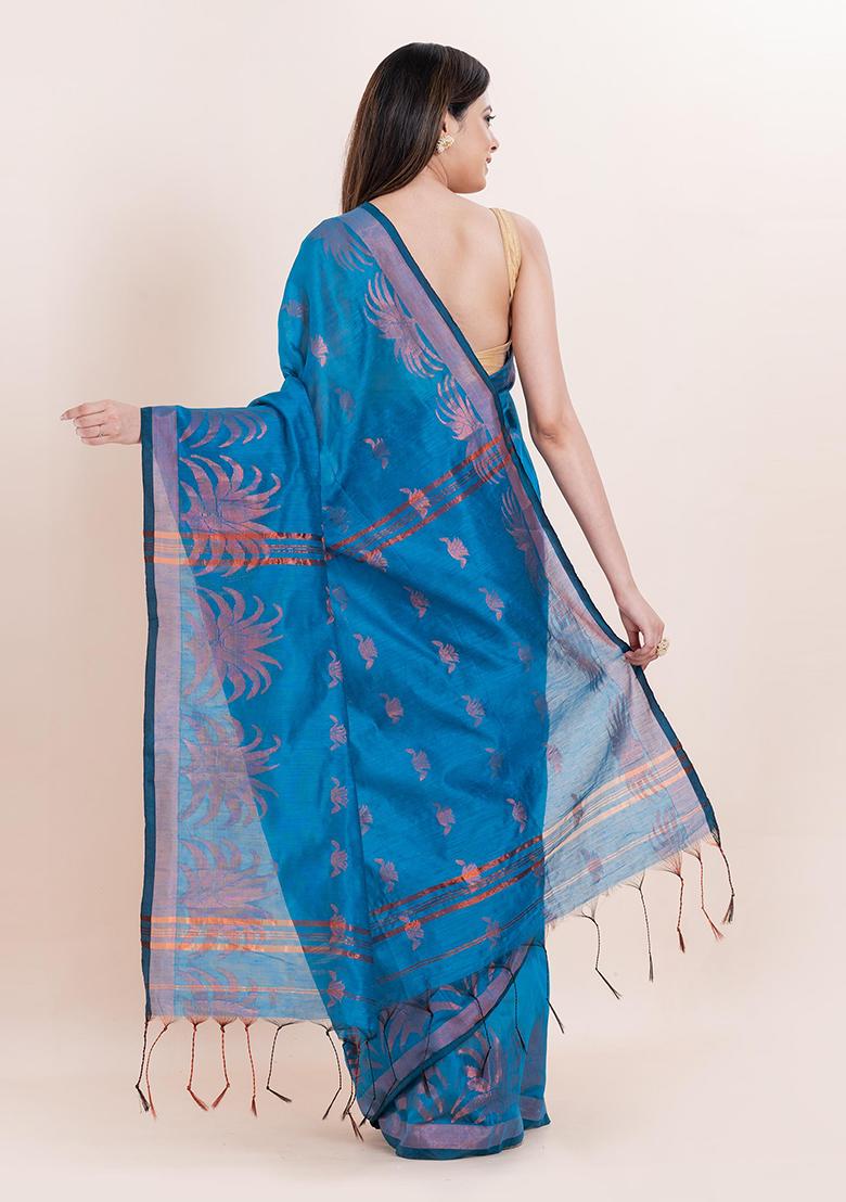 Teal Blue Embroidered Cotton Saree Set