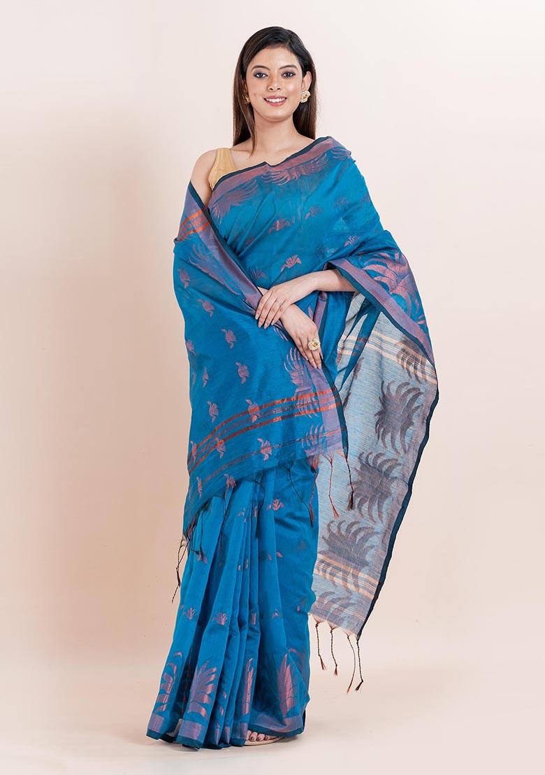 Teal Blue Embroidered Cotton Saree Set
