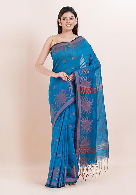 Teal Blue Embroidered Cotton Saree Set