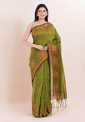 Green Embroidered Cotton Saree Set