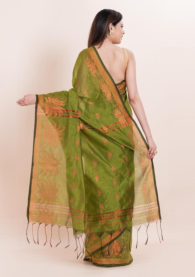 Green Embroidered Cotton Saree Set