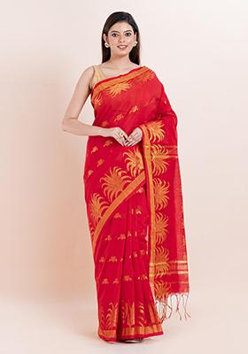 Red Embroidered Cotton Saree Set