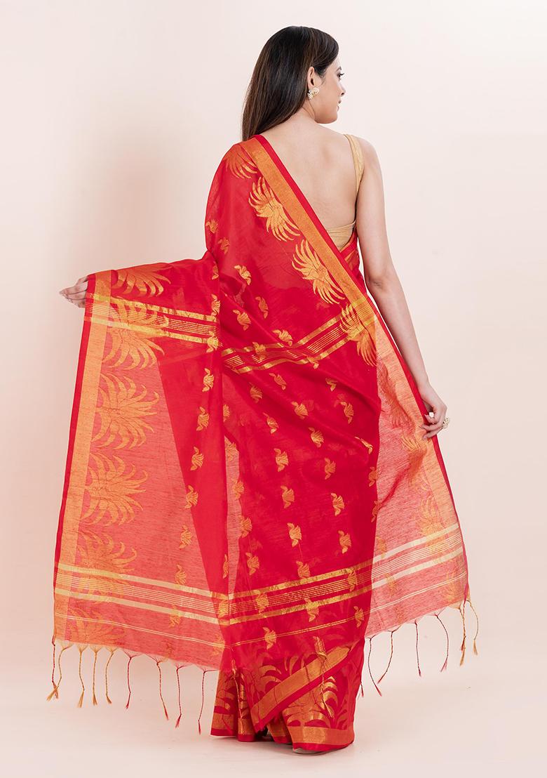 Red Embroidered Cotton Saree Set