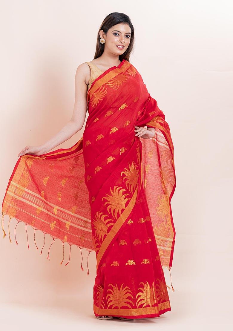 Red Embroidered Cotton Saree Set