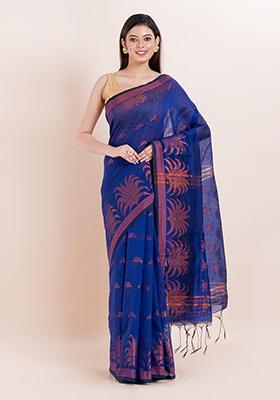 Blue Embroidered Cotton Saree Set