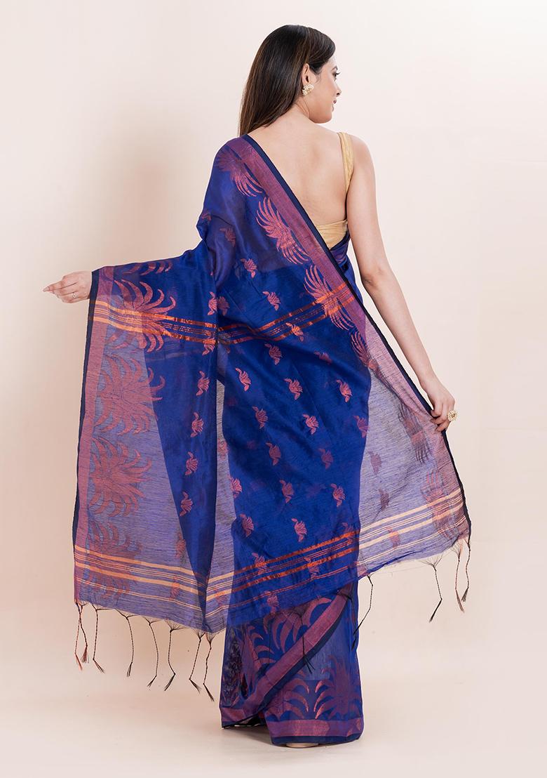 Blue Embroidered Cotton Saree Set