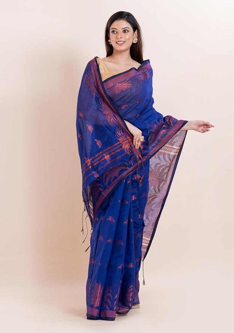 Blue Embroidered Cotton Saree Set