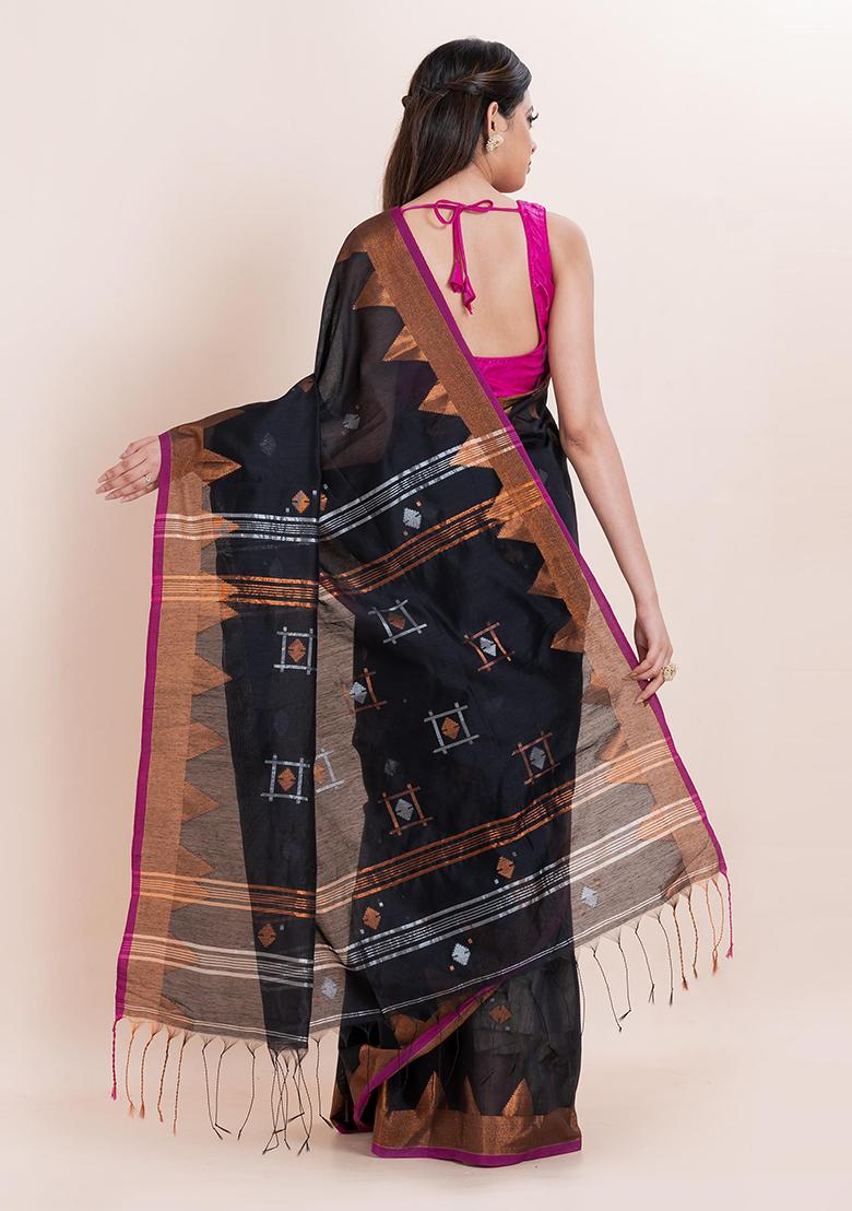 Black Embroidered Cotton Saree Set