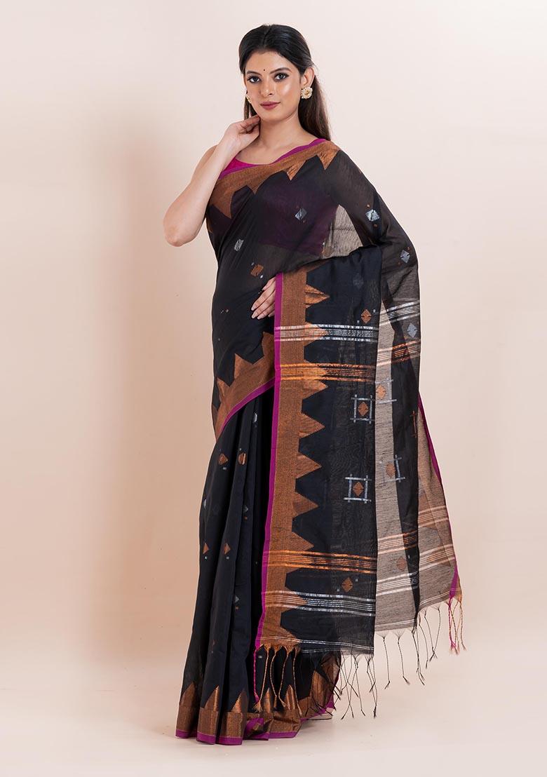 Black Embroidered Cotton Saree Set